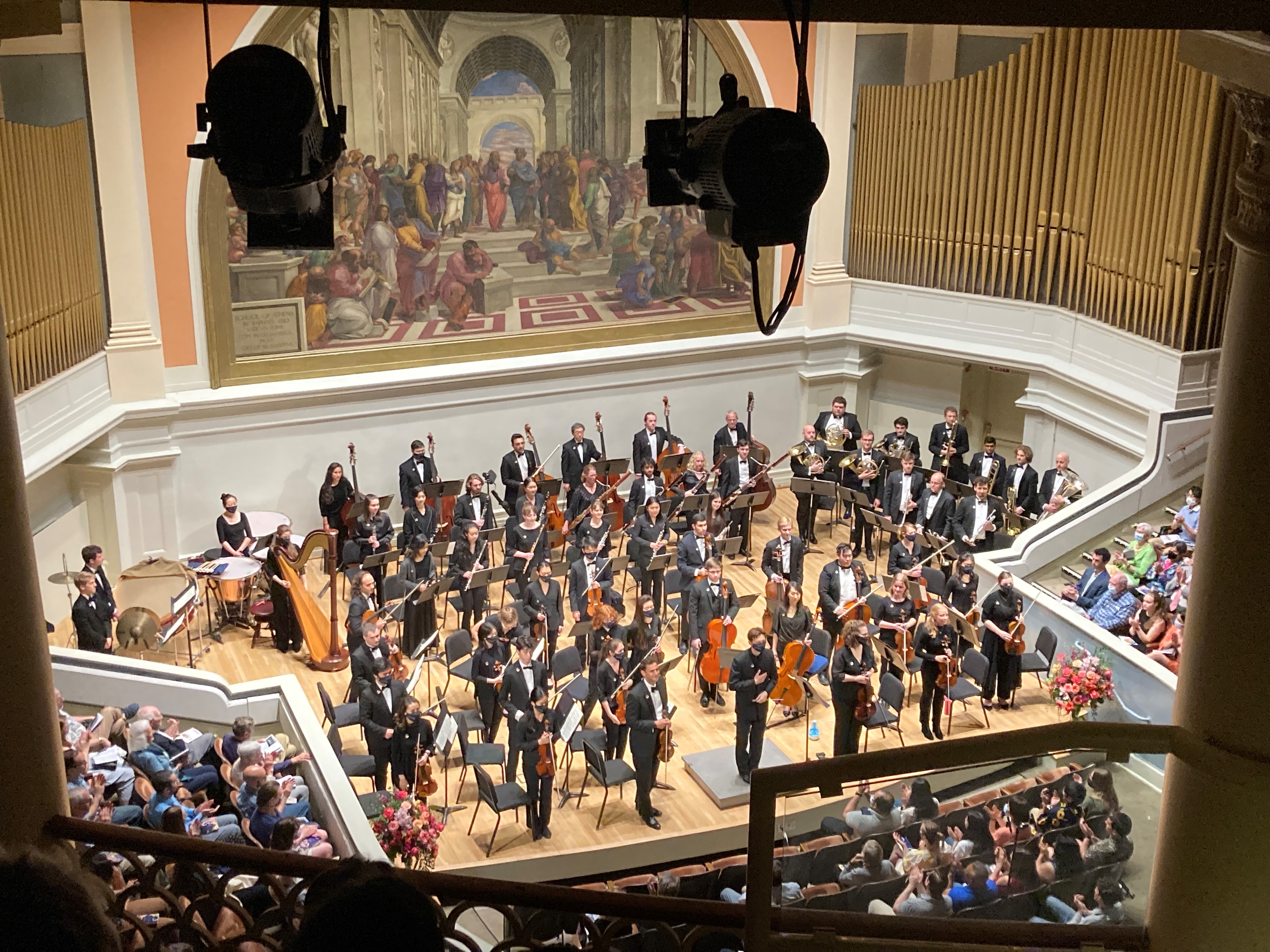 A view of the full Charlottesville Symphony Orchestra as seen from the Old Cabell Hall balcony seats