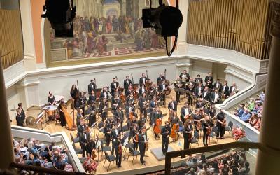 A view of the full Charlottesville Symphony Orchestra as seen from the Old Cabell Hall balcony seats