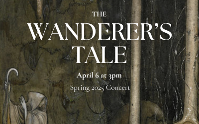 A drawing of a dark forest with a lone man at the bottom right of the image, with text that says "The Wanderer's Tale"