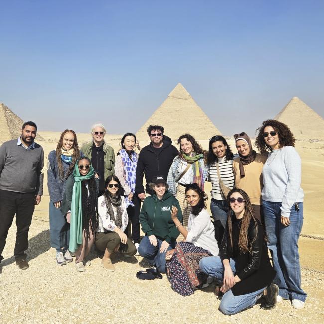 Matthew Burtner and Time Lapse Dance company in front of the Pyramids.