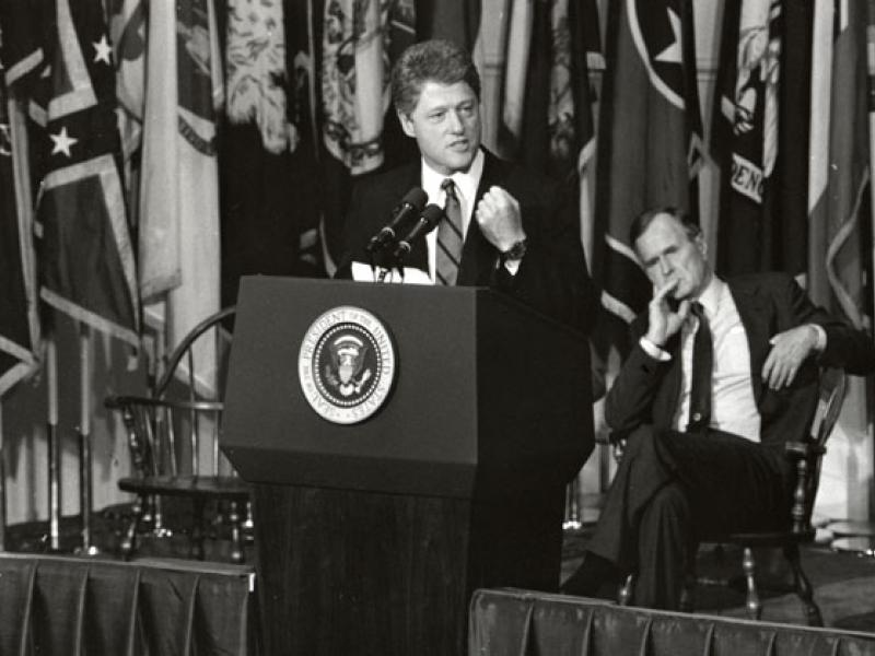 President Bill Clinton and President George Bush at Old Cabell Hall Auditorium on September 27th, 1989