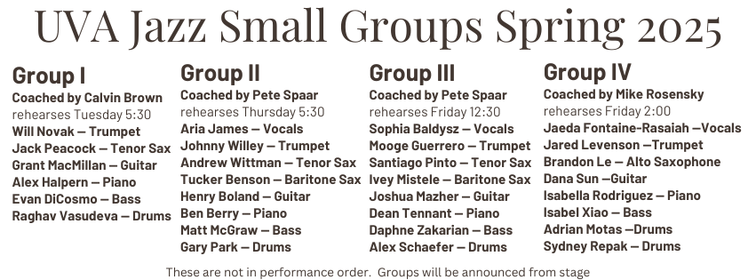 This image shows a list of student names and groups led by the UVA Jazz Faculty.