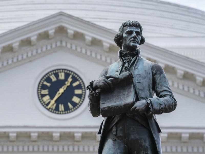 Statue of Thomas Jefferson in front of the Rotunda on Grounds at the University of Virginia
