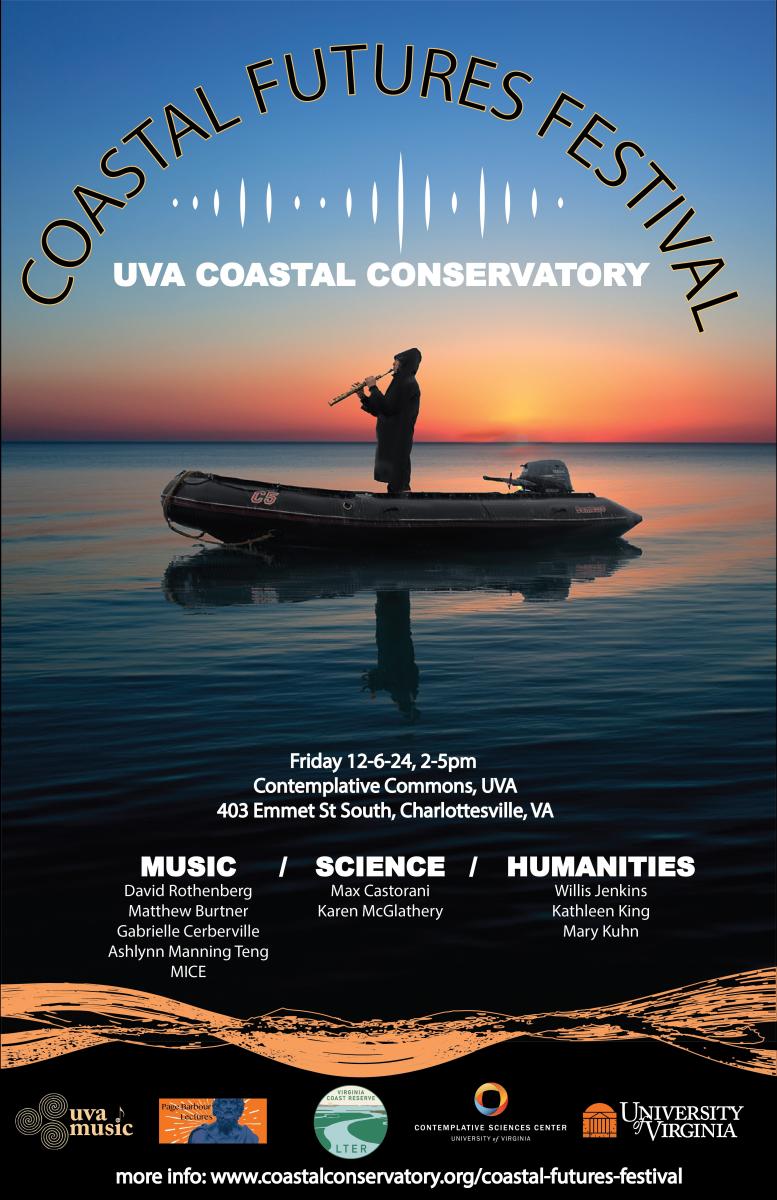 Coastal Futures Festival poster of man playing a wind instrument in a boat on calm water 