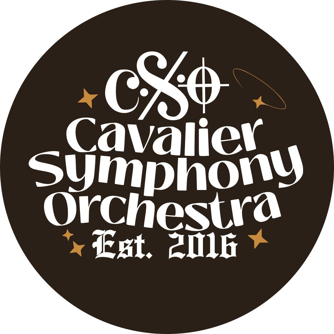 A round black circle that says Cavalier Symphony Orchestra