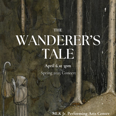 A drawing of a dark forest with a lone man at the bottom right of the image, with text that says "The Wanderer's Tale"